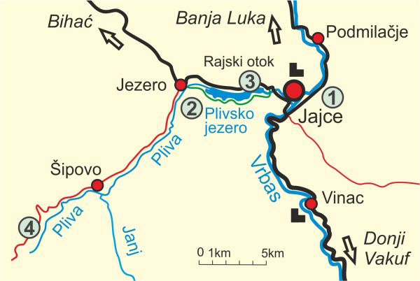 Map of Jajce and Pliva Lakes